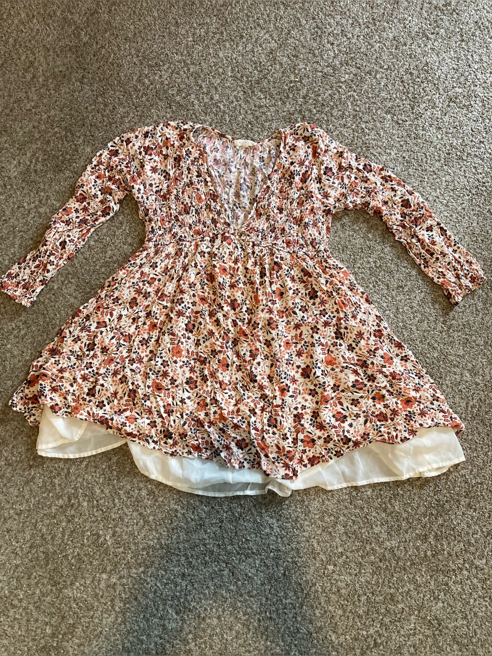 Promesa Floral Smocked Waist Long-Sleeve Dress in Cream and Rust